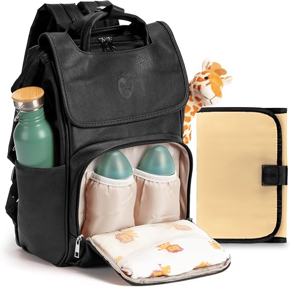 Baby Uma Award-Winning Baby Changing Bag Backpack - Leather-Style for Mum & Dad, Nappy Bag with Insulated Bottle Holders, Multiple Compartments & Changing Mat
