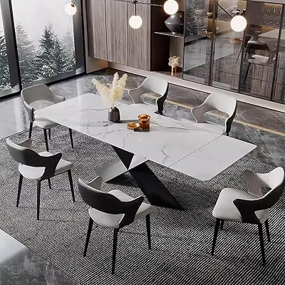 Extendable Dining Table for 6-12, Modern Extendable Dining Room Table, White Sintered Stone Dining Tabletop with Solid Carbon Steel Base, 63 to 95 Expandable Dining Table Kitchen Table Only