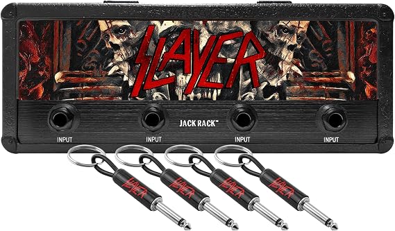 P Pluginz Jack Rack wall mounting Key Hanger. Includes 4 Guitar Plug Keychains and wall mounting Hardware. (Slayer)