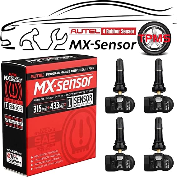 Autel MX-Sensor TPMS 315/433MHz Programmable Universal Tire Pressure Sensor | Rubber Valve Stem, OE Replacement for Cars, 99% Vehicle Coverage, 4PCS, Work with Autel Tool TS408 TS508 TS900 ITS600