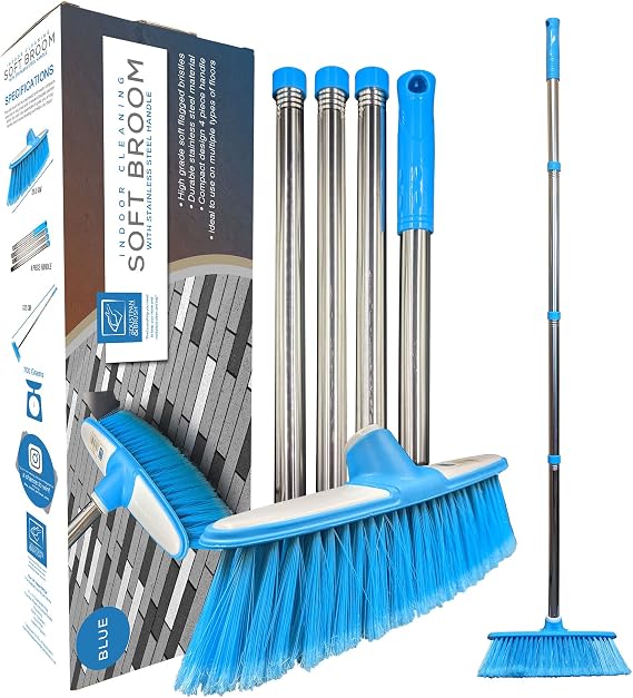 Soft Broom Indoor Sweeping Broom Brush with Stainless Steel Handle - The Perfect Indoor Sweeping Kitchen Floor Brush Broom for Your House - The Long Handled Sweeper (Blue)