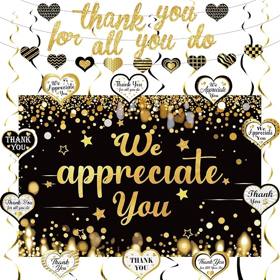 We Appreciate You Decoration Black Gold Thank You For All You Do Glitter Banner Hanging Swirl We Appreciate You Backdrop for Teacher Employee Doctor Nurse Staff Appreciation Party Photo Booth Supplies