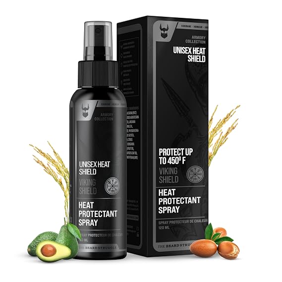 Beard & Hair Heat Protectant Spray - Viking Shield Beard Spray for Men, Protects Hair from Heat Damage of Straightener and Styling - Argan Oil Thermal Protector Spray - Protect Up To 450o F - 4 Fl Oz