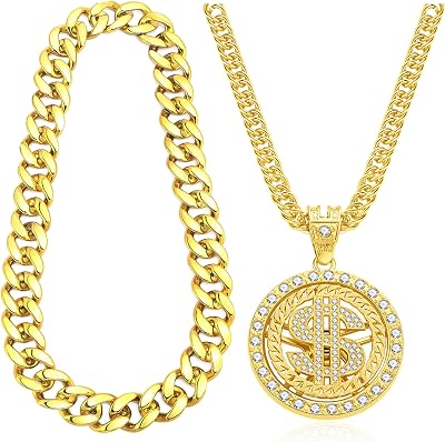 Jewdreamer 2 Pcs Golden Dollar Chains Necklaces, Money Pendant Chain Hip Hop Dollar Sign Necklace Jewelry Rapper Costume Halloween Accessory for Men Women Dress Up Party