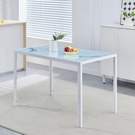Glass Dining Table Modern Kitchen & Dining Room Table for 6 Rectangular Glass Dinner Table for Small Space (47.24" White)