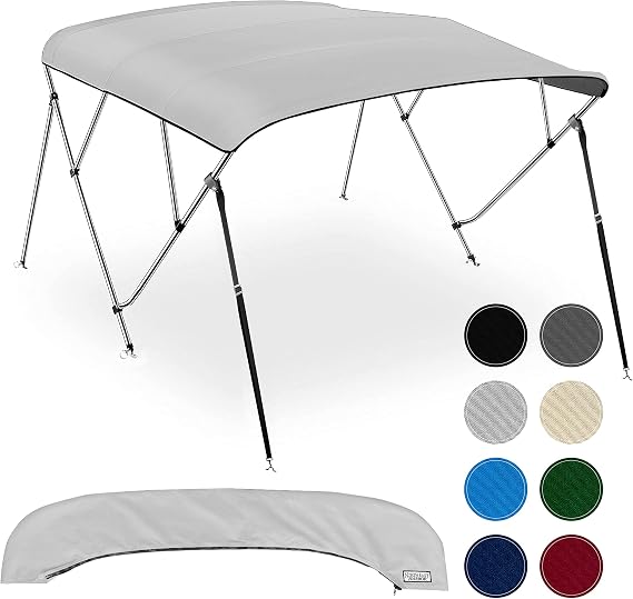 4 Bow Bimini Tops for Boats, Fadeproof, Support Poles, Storage Boot, 900D Marine Canvas, Sun Shade Boat Canopy, Universal Boat Cover for Pontoon, V-Hull, Fishing, Bass Boat 61-66", Light Gray