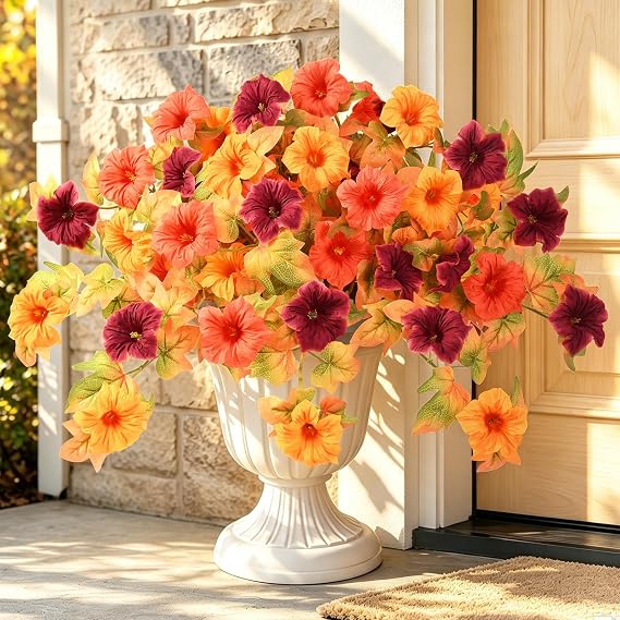 2Pcs Artificial Fall Flowers for Outdoors Fake Fall Petunias for Decoration