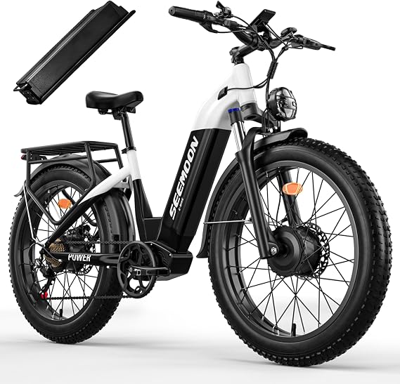 Seemoon 4000W Dual Motor EBike,52V 1040Wh,38MPH Up to 105Mi,26" All Terrain | USB charging port,phone holder.Step Thru & 7-speed.Removable battery.160Nm torque.30-105mi range.Commuters & trail riders