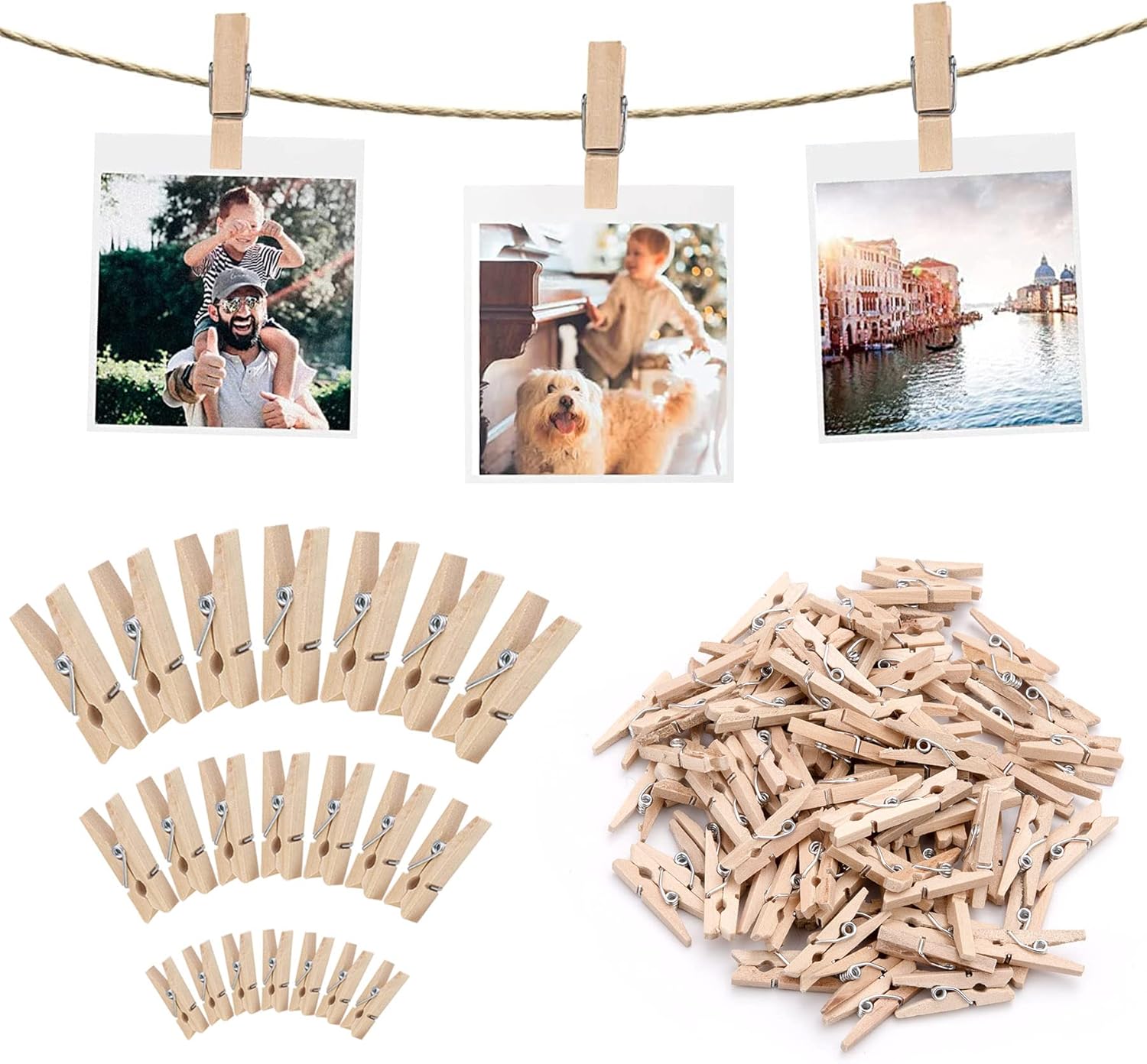 150 Pcs Small Wooden Clothes Pegs Mini Tiny Decorative Photo Pegs 2.5/3/3.5 cm LaundryClips for Hanging Photos, Pictures, Collages, Postcards, Gifts, Craft