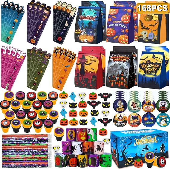 168PCS Halloween Party Favors, Goodie Bag Fillers, Bulk Party Favors for Kids, Halloween Favors for School, Non Candy Treats