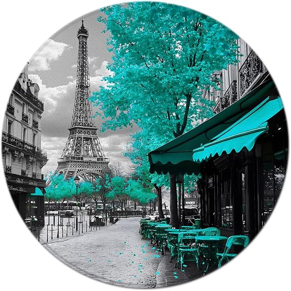 Paris Eiffel Tower Round Area Rugs European Street City Scenery Teal Grey Vintage Coffee Shop French Romantic Oil Painting Landscape for Bedroom,Kitchen,Kids Room,Bathroom,Backyard,Patio,Porch