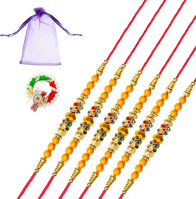 Set of 6 Rakhi for Brother Bhabhi and Bhatija Bhai Bhaiya Raksha Bandhan gift Rakhi Thread Rakhi with Greeting Card Gift Pack in Pouch/Potli bag