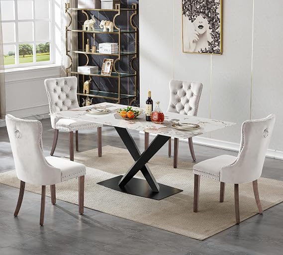 Faux Marble Kitchen Table Chairs Set of 4, Modern 5 Piece Dining Room Tables and 4 Beige Chairs, 70" White Marble Dinner Table Set w/Black Carbon Steel Pedestal, Luxury Rectangle Dining Table Set