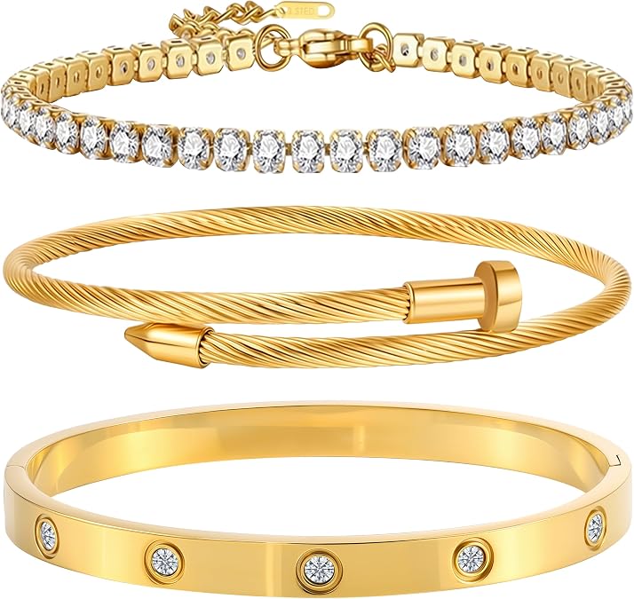 Camhanno Silver Bracelets for Women-4Pcs 18K Gold Plated Love Bangle Tennis Clover Nail Bracelets Stack Set for Women Trendy Non Tarnish Stainless Steel Gold Bangles Accessories Designer Jewelry