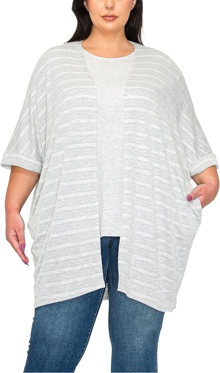 COIN 1804 Women's Textured Jacquard Rolled Sleeve Pocket Kimono Curve