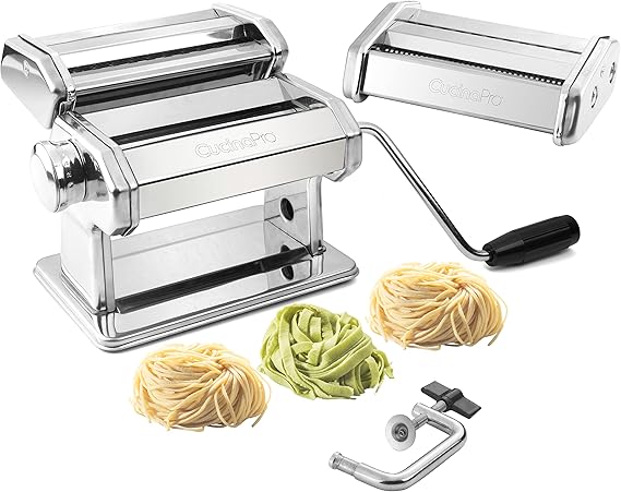 Pasta Maker Machine- Heavy Duty Chrome Coated Steel Construction with Fettucine & Spaghetti Attachments, Rollers w Adjustable Thickness Settings, Manual Hand Crank for Precise Noodles w Recipe Guide