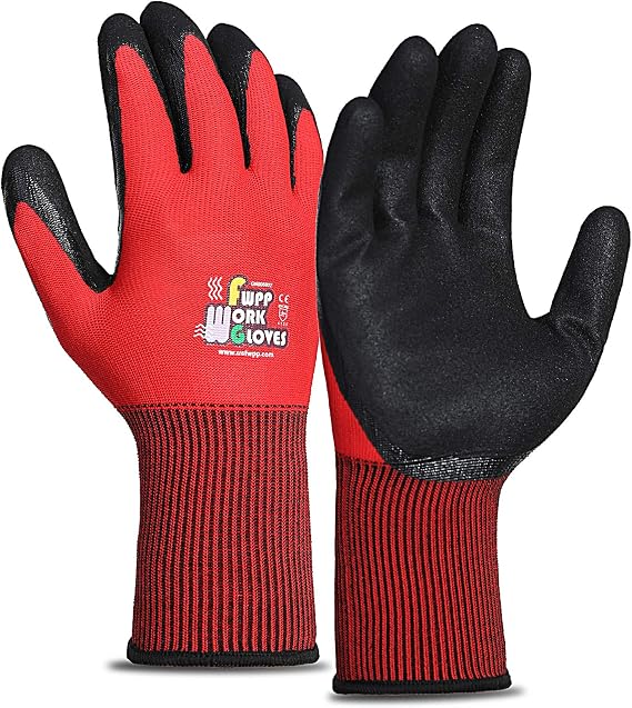 Medium 12 Pairs Safety Work Gloves 15 Gauge Red Nylon, Nitrile Coating, Oil Resistant, Breathable, Soft, Suitable For Gardening, Cleaning, Carpentry, Maintenance, Machining, Warehouse, Handling