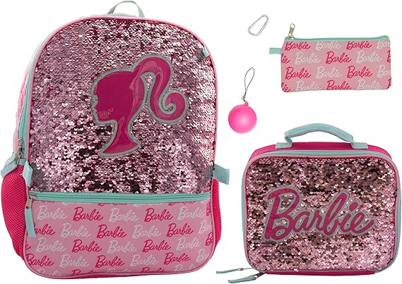 AI ACCESSORY INNOVATIONS Barbie 4 Piece Backpack Set, Sparkle & Shine with this Magic Flip Sequin School Bag for Girls with Zip Front Pocket, Pink