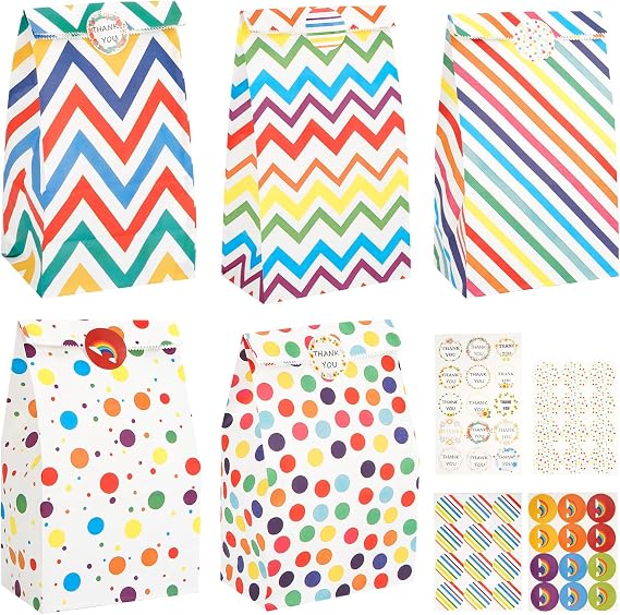 Pack of 20 Gift Bags Children's Birthday 13 x 24 x 8 cm Colourful Party Bags Paper Bags with 51 Stickers Birthday Bags Children for Party Wedding Celebrations