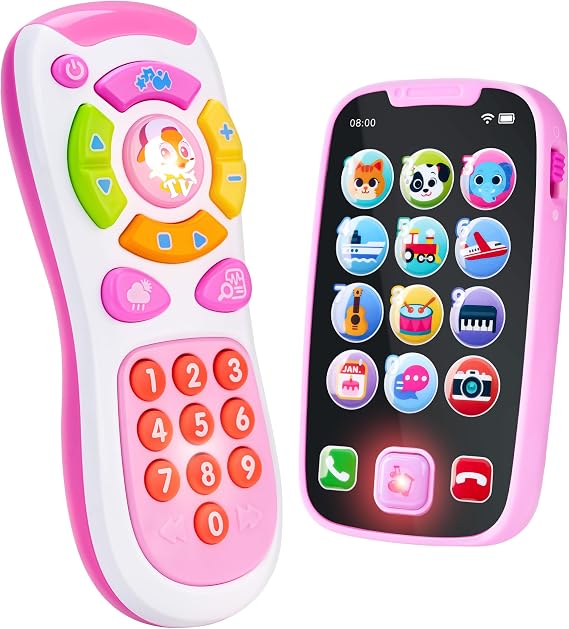 JOYIN Kids Learning Phone and Remote Toy, Pink Smartphone Toys with Music for Infants, Kids, Holiday Stocking Stuffers, Birthday Gift for Girls