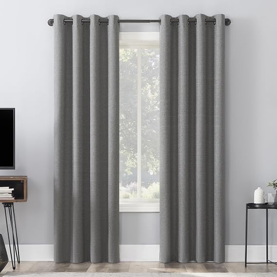 Sun Zero Channing Grid Texture Draft Shield Fleece Insulated Total Blackout Grommet Curtain Panel, 50" x 84", Coal