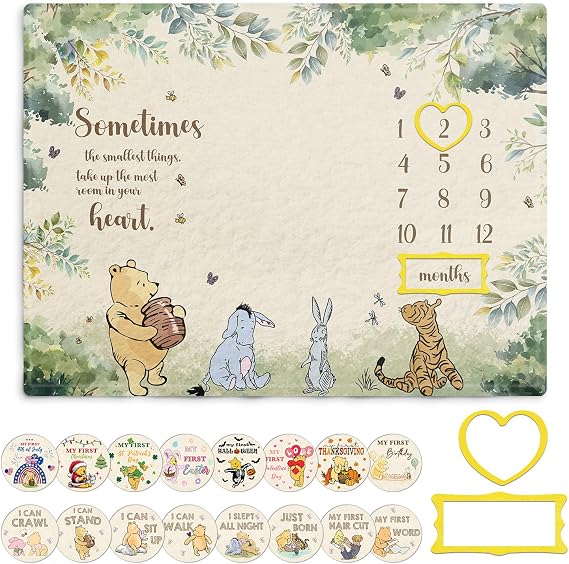 Winnie Milestone Blanket for Baby, Pooh Babies Monthly Blanket, Winnie Quotes Baby Milestone Blankets, Newborn Photography Background Decor, with 8 Holiday Cardstocks
