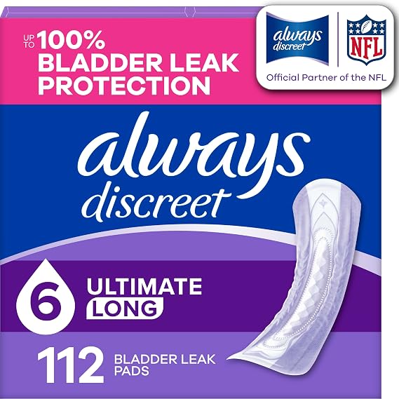 Always Discreet Adult Incontinence Pads for Women, Drier, 6 Drop Long Length, Extra Heavy Absorbency, Pads for Bladder Control Management, Bladder Leaks, Postpartum Pads, 112ct