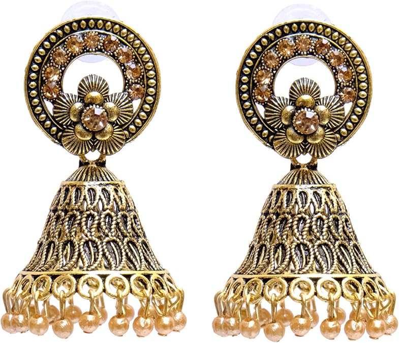 Crunchy Fashion Bollywood Jewellery Traditional Ethnic Bridal Bride Wedding Bridesmaid Oxidised Silver Indian Floral Flower Jhumka Jhumki Earrings Jewelry For Women