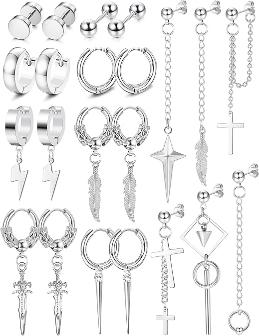 Fiasaso 22Pcs Dangle Earrings for Men Stainless Steel Hinged Hoop Earrings Long Chain Stud Cross Dangle Earrings Set Kpop Earrings for Mens