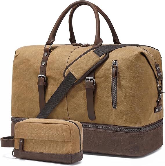 FENGDONG Weekender Bag Large Overnight Bag for Men Women Tote with Shoe Compartment Canvas Carry on Luggage Bag Travel Duffel Bag Brown