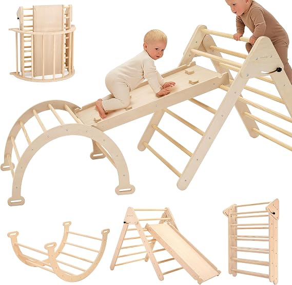 Pillowhale ExtraLarge Montessori Wooden Climbing Triangle SetFoldable Toddler Gym Triangle, Climbing Ramp & Arch, Indoor Playground for Toddlers 12+ Months