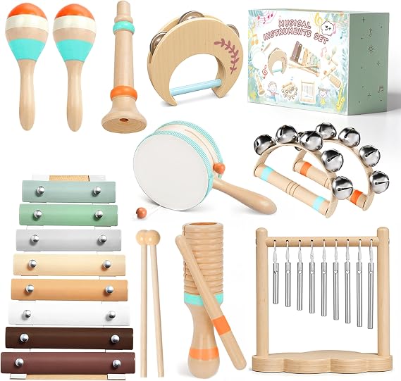 Wooden Musical Instruments for Toddlers Montessori Percussion Set with Xylophone, Natural Music Education Toys for Baby, 3+