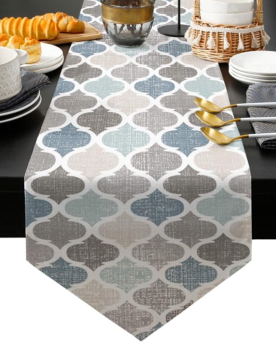 Moroccan Table Runner - 120 Inches Long, Geometric Morocco Runner Dresser Scarf Dining Tabletop Decor for Coffee Table//Farmhouse/Holiday, Blue Gray Khaki Quatrefoil Lattice Table Decor 13 x 120 Inch