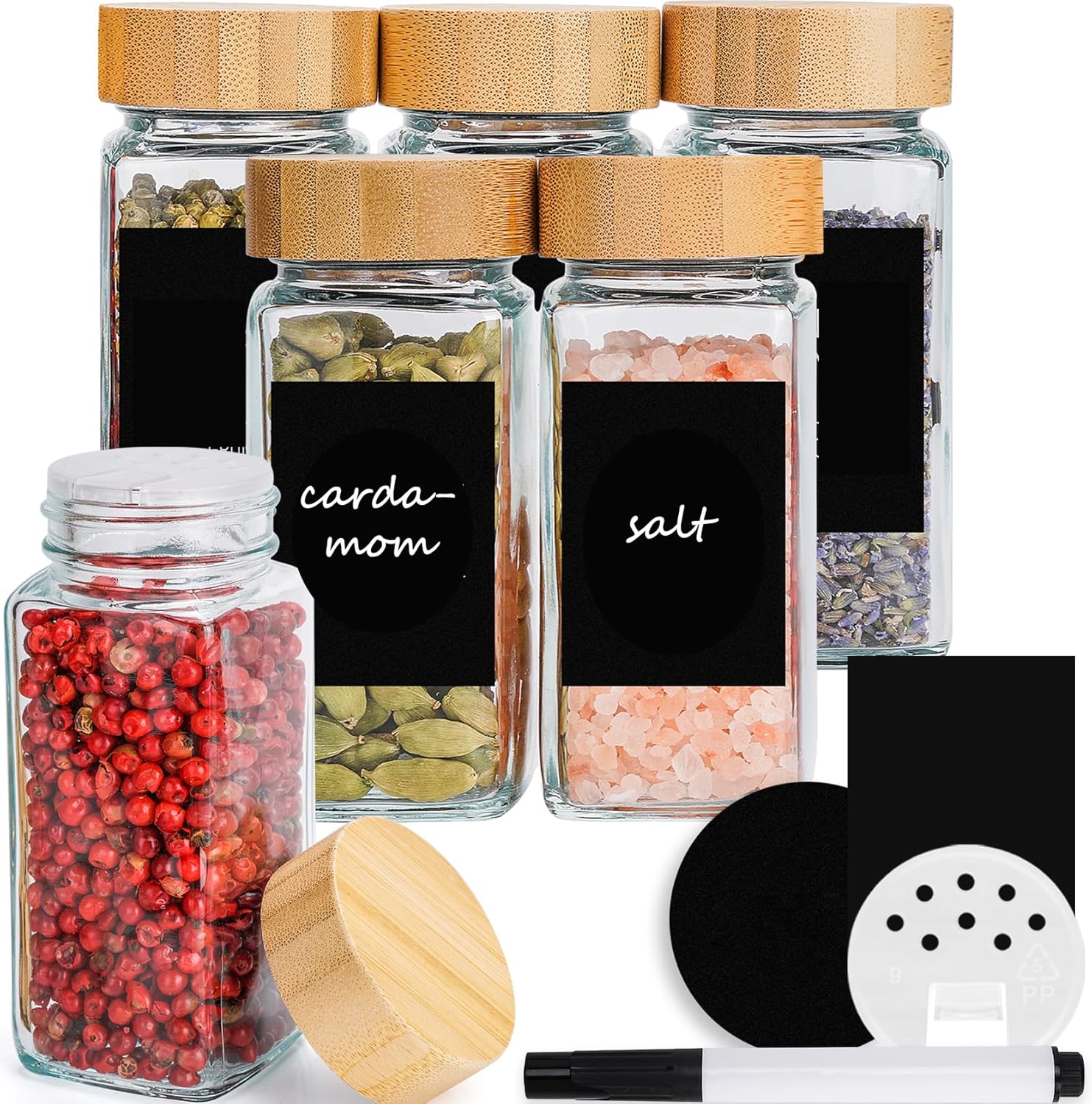 Square spice jars 120ml [set of 6] spice jars with shaker insert, bamboo lids, labels in black | spice container set, spice storage, spice jars