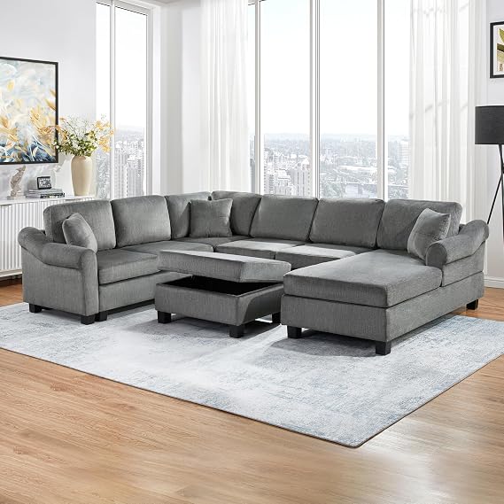 Modern U-Shaped Sectional Sofa, 111.8" Chenille Upholstered Sofa Couch with Movable Storage Ottoman and Pillows for Living Room Office Apartment (Dark Gray-5.28)