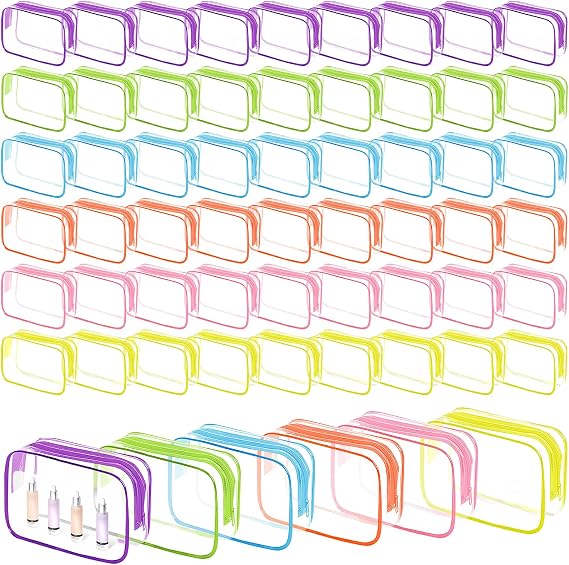 60 Pcs Clear Makeup Bags Bulk, PVC Toiletry Bags, Waterproof, 6 Colors
