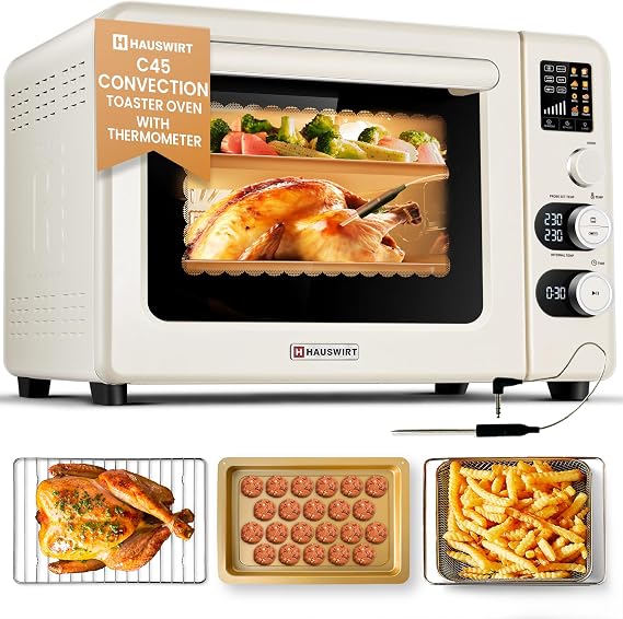 HAUSWIRT C45 Smart Convection Oven with Thermometer, 42QT XL Large Capacity Oven, Double Bake, 8 Menu Modes Countertop Oven, Four-tier Baking Rack,LED Display,1800W,80F - 500F,Non-Stick, Cream White