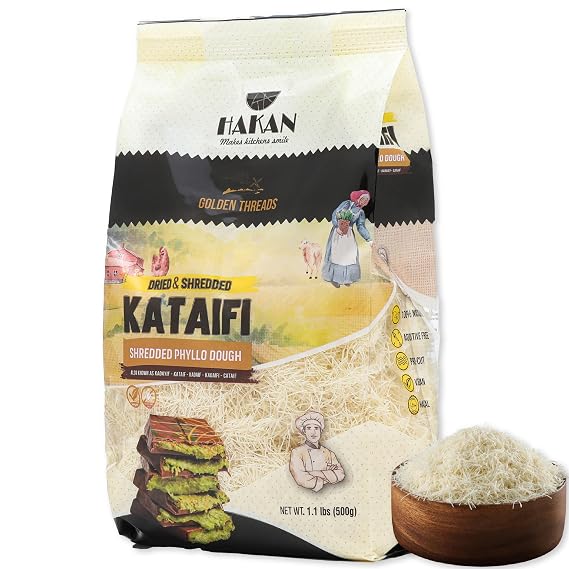 Hakan Kataifi Shredded Phyllo Dough, 1.1 lb. (500 g) Kataifi Pastry, Kadayif for Dubai Chocolate Bar Pistachio, Knafeh, Kunafa Dough, Middle Eastern and Mediterranean Pastries