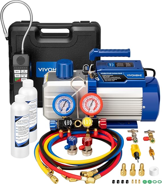 VIVOHOME 1.5 HP 14.4CFM 2 Stage AC Vacuum Pump and 4 Way Manifold Gauge Set