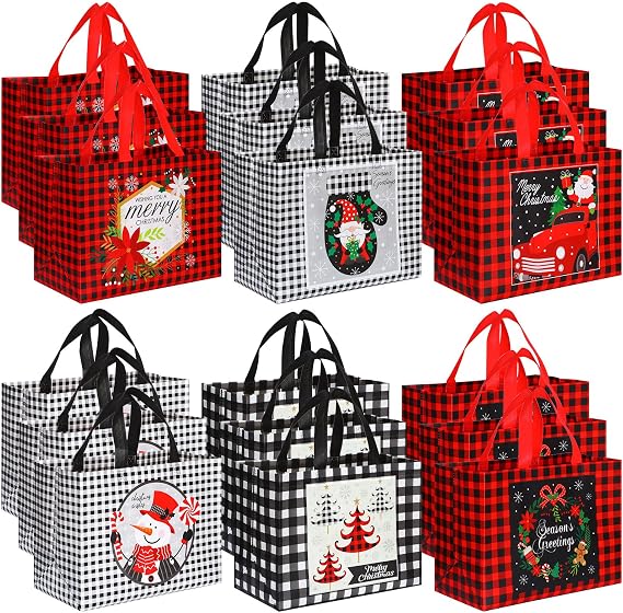Sanwuta 24 Pcs Christmas Gift Bags Large Buffalo Plaid Tote with Handles