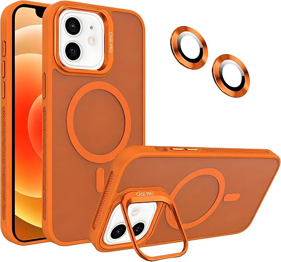 Ehr. iPhone 11 ile Uyumlu Magsafe Wireless Şarj Özellikli Kamera Standlı Lüks Mat Silikon Kılıf [Lens Koruyucu Hediyeli] (Turuncu, iPhone 11)