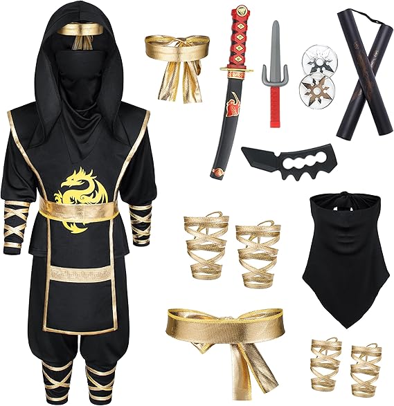 Ninjia Costume for Boys & Girls - Kids Ninja Costume Suit with Deluxe Ninja Accessories for Halloween Cospaly Dress Up