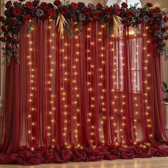 10x10ft Burgundy Tulle Backdrop Curtain with Lights String for Parites, Sheer Backdrop Curtains for Wedding Baby Shower Birthday Party Photo Shoot Decorations