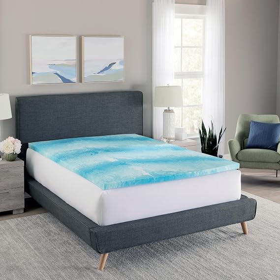 Essentials 3 Inch Memory Foam Mattress Topper, Cooling Gel Swirl Memory Foam, Ventilated Design, CertiPUR-US Certified Foam, Blue/White
