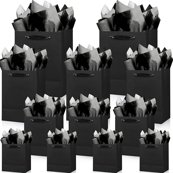 12 PCS Black Gift Bags 24 Pcs Tissue Paper Birthday Bags for Men Bags for Gifts Small Gift Bags Birthday Bags Black Gift Bags with Handles Party Birthday Business Wedding Graduation Fathers Day
