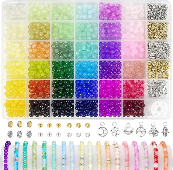 Redamancy Glass Beads, 1435pcs 6mm Round Beads with 36 Colors, Crystal Gemstone Beads for Bracelet Necklace Jewelry Making DIY Crafts Kits Supplies for Girls Adults