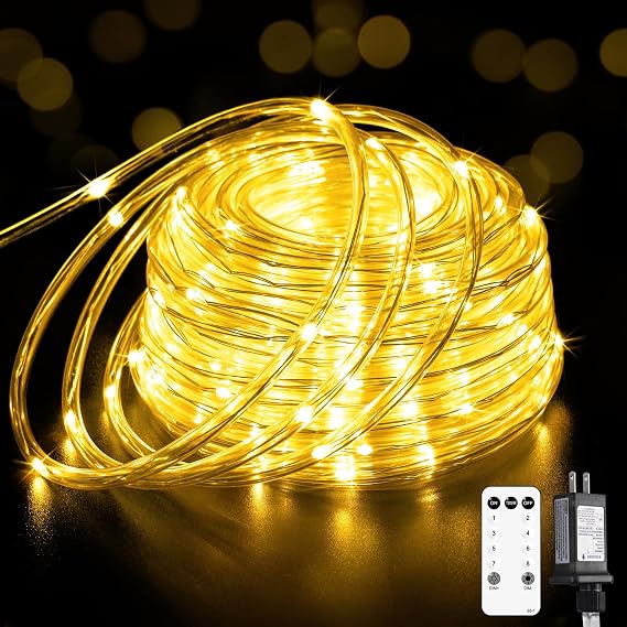 JMEXSUSS 200 LED Warm White Christmas Lights Plug in, Indoor Christmas Rope Lights Outdoor Waterproof, 66FT Rope String Light with Remote for Outside Tree Yard Garden Bedroom Patio Decor