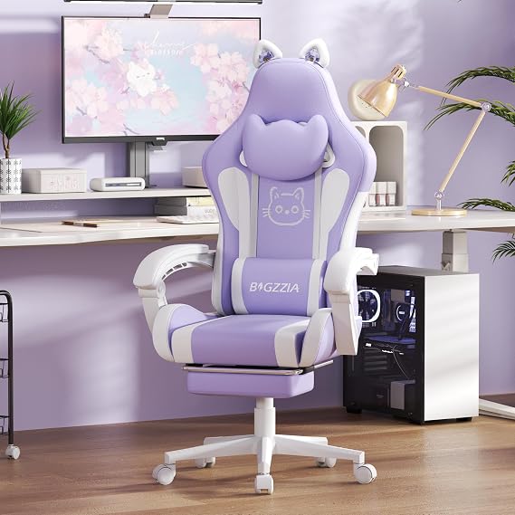 Racingreat Gaming Chair with Massage for Adults (Purple) | Footrest,Height Adjustable,Reclining,Headrest,Lumbar Support,Armrests,360°-Swivel,Cat Ears