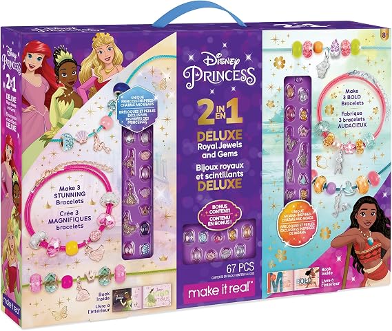 Disney Princess: 2-In-1 Deluxe Royal Jewels & Gems - Princess & Moana - Create 6 Stunning Princess Charm Bracelets, Make It Real, 67 Piece, Arielle Aurora Tiana & Moana, Tweens & Girls, Ages 8+