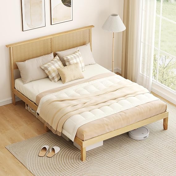 KOMFOTT Queen Size Wood Platform Bed Frame with Rattan Headboard, Boho Rubber Wood Bed Frame with Plywood Slats & Under-Bed Storage, Platform Bed Frame, Mattress Foundation, No Box Spring Needed